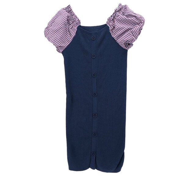 Maeve Anthropologie Puff Sleeve Mini Dress  Ribbed Knit Buttons Stretch LARGE - Picture 2 of 8